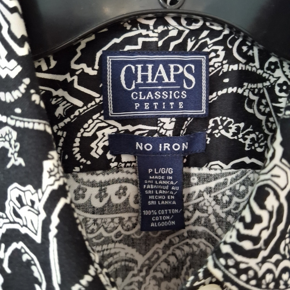 Chaps Classics Petites Black & White Paisley Women PL No Iron Soft Cotton Blouse - Picture 3 of 7